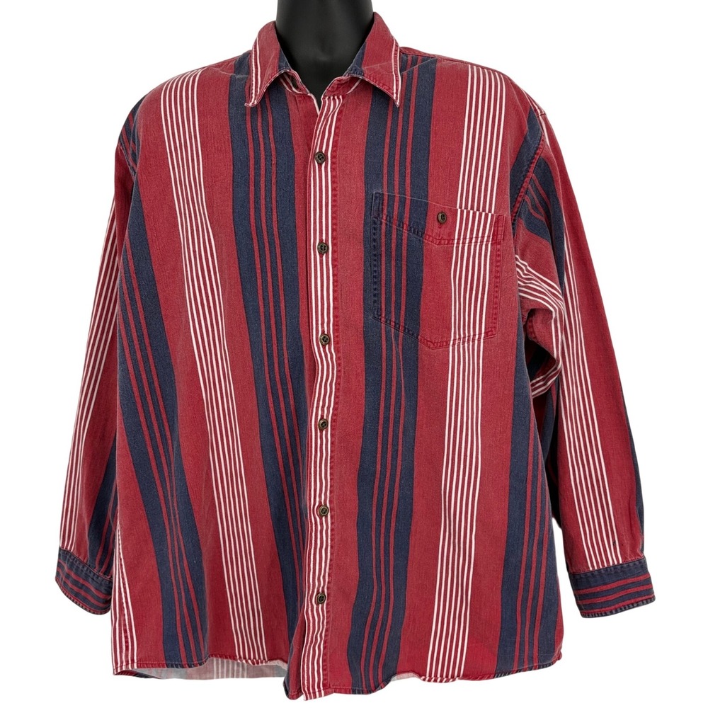 Vtg Gitano Men XL Red Navy White Striped Cotton Button Down Shirt‎ Long Sleeve
